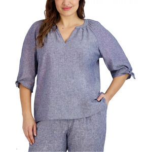 Jones New York Tie-Sleeve Raglan Linen Top Blue Size XL